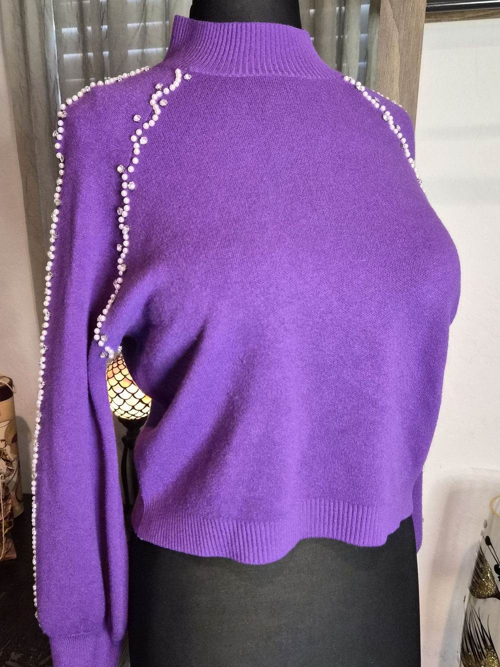 Twelfth Love Brand Purple Rhinestone & Pearl Embellished Mock Neck Sweater